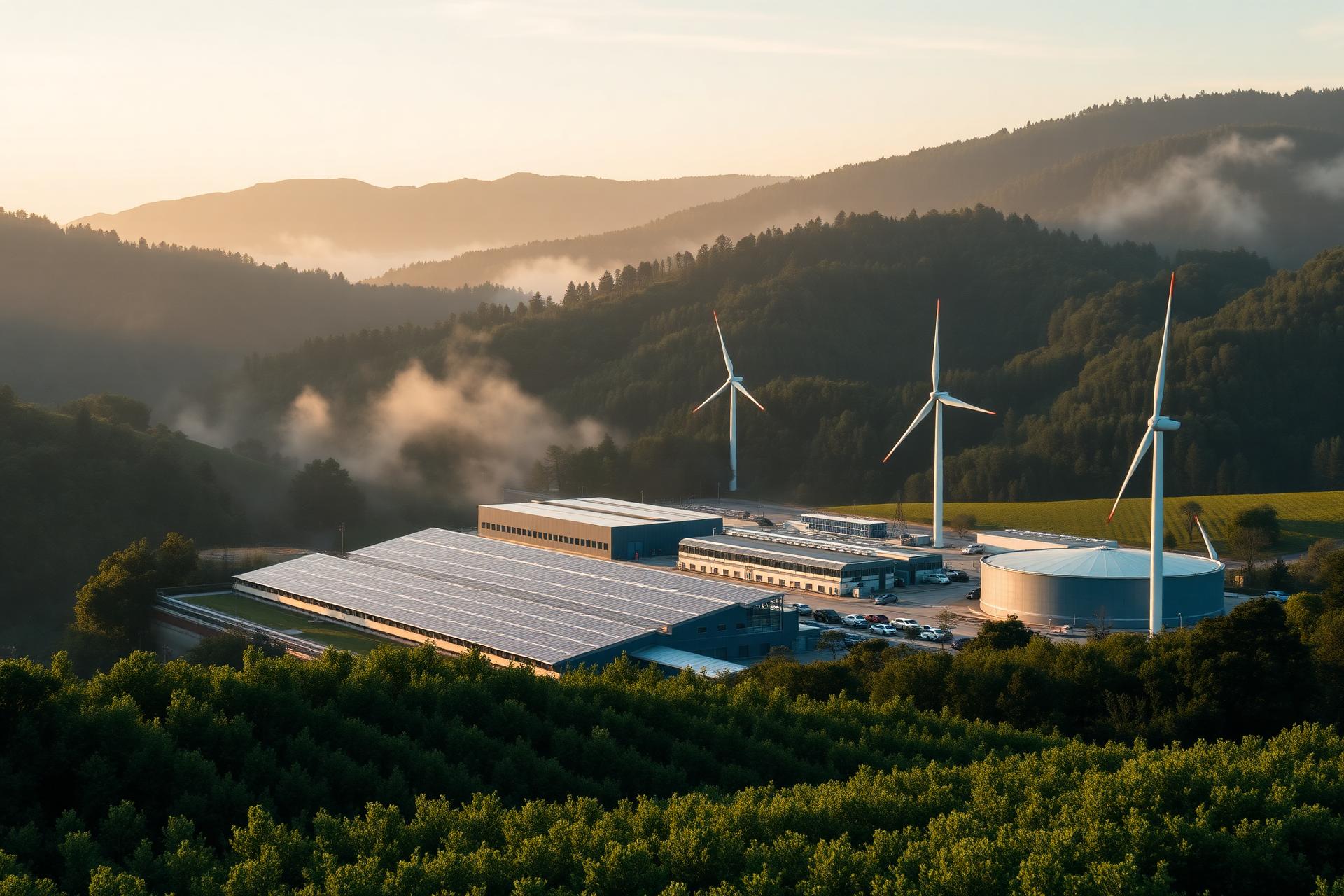 Green industrial landscape with solar arrays and wind turbines